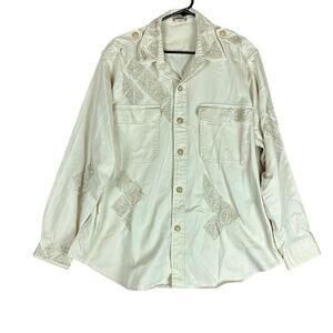 Polo Ralph Lauren Womens Shirt Winter Cream Beaded Twill Denim Button Down XXL